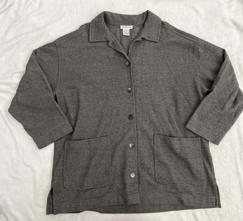 Talbots Button Down Shirt Size M Gray Striped Pocket Cardigan
